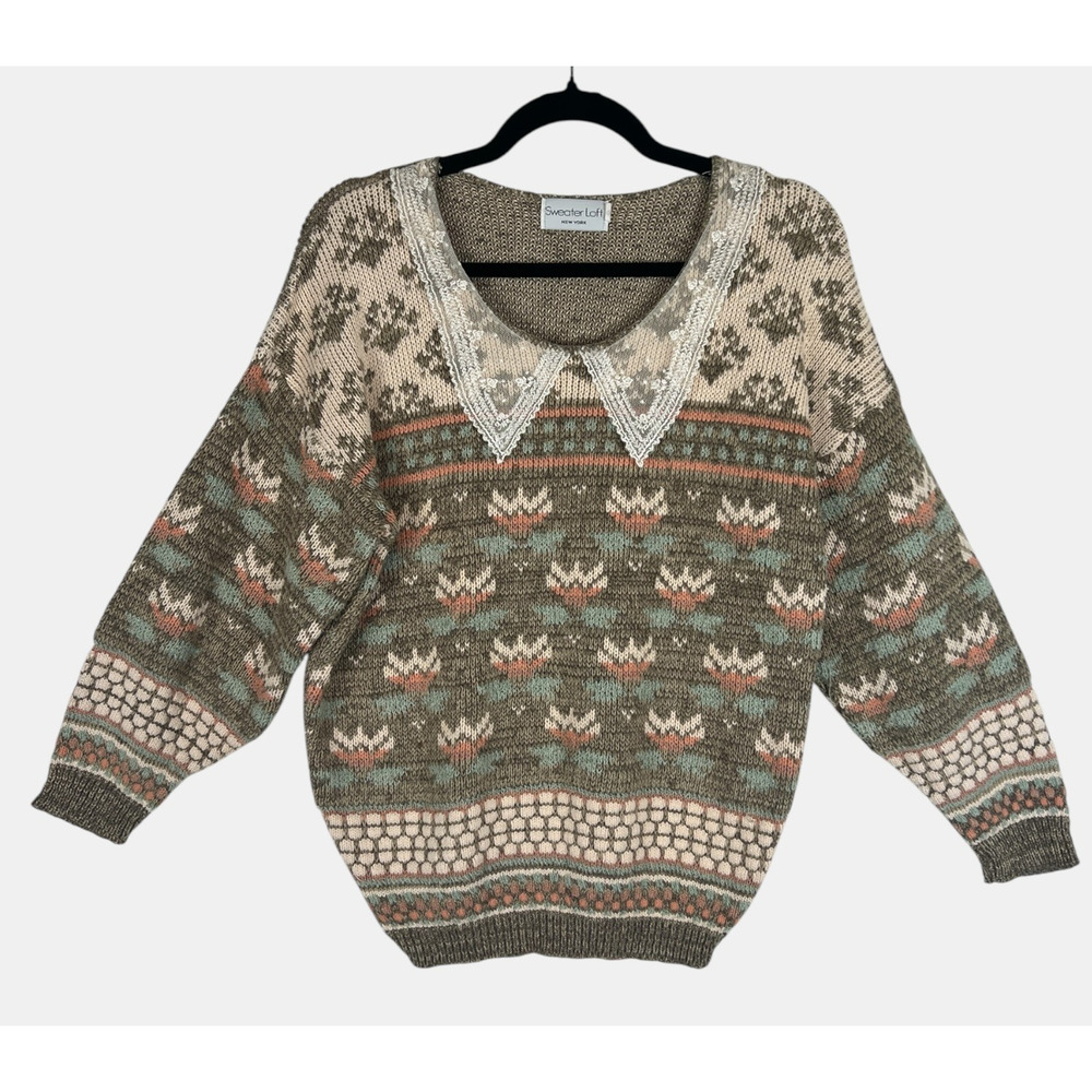 Vintage Sweater Loft Knit Sweater Peter Pan Collar Cottage‎ Floral S
